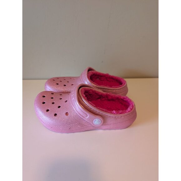 NEW Pink Glitter Crocs Kids Fuzzy Lined Classic Clogs Size J1 - Picture 4 of 9